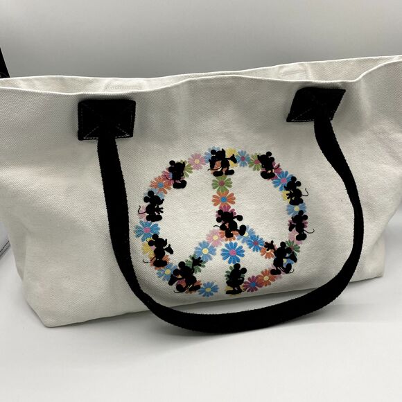 Vintage Disney Large Canvas Tote Bag Flower Peace Silhouette Mickey Hippy Boho - Picture 1 of 13